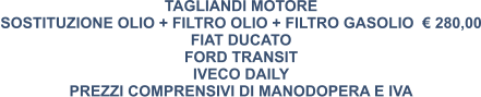 TAGLIANDI MOTORE SOSTITUZIONE OLIO + FILTRO OLIO + FILTRO GASOLIO  € 280,00 FIAT DUCATO FORD TRANSIT IVECO DAILY PREZZI COMPRENSIVI DI MANODOPERA E IVA