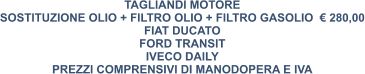 TAGLIANDI MOTORE SOSTITUZIONE OLIO + FILTRO OLIO + FILTRO GASOLIO  € 280,00 FIAT DUCATO FORD TRANSIT IVECO DAILY PREZZI COMPRENSIVI DI MANODOPERA E IVA