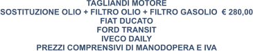 TAGLIANDI MOTORE SOSTITUZIONE OLIO + FILTRO OLIO + FILTRO GASOLIO  € 280,00 FIAT DUCATO FORD TRANSIT IVECO DAILY PREZZI COMPRENSIVI DI MANODOPERA E IVA