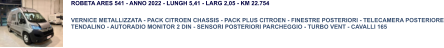 ROBETA ARES 541 - ANNO 2022 - LUNGH 5,41 - LARG 2,05 - KM 22.754 VERNICE METALLIZZATA - PACK CITROEN CHASSIS - PACK PLUS CITROEN - FINESTRE POSTERIORI - TELECAMERA POSTERIORE TENDALINO - AUTORADIO MONITOR 2 DIN - SENSORI POSTERIORI PARCHEGGIO - TURBO VENT - CAVALLI 165